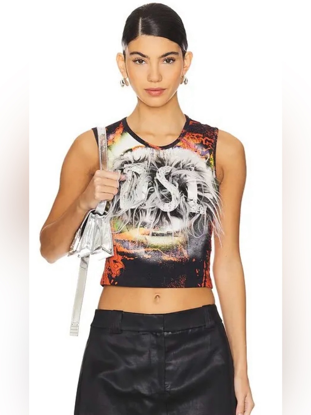 DIESEL Sleeveless Cropped Graphic Fuzzy Logo Feather Black multi color print